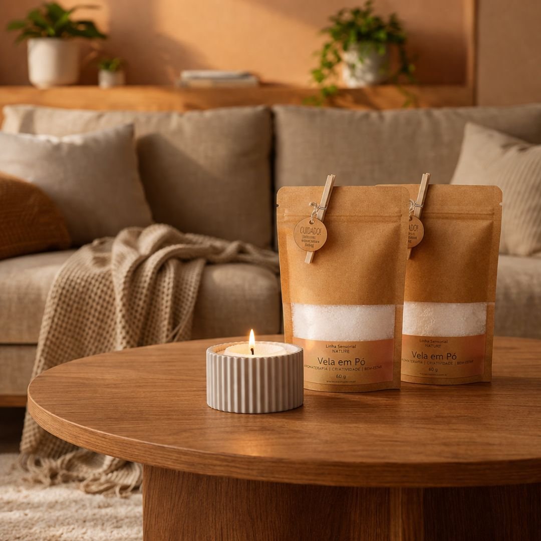 Kit 2 Vela Em Pó 60g + Vaso Canelado | Cera Vegetal Areia Nature DIY