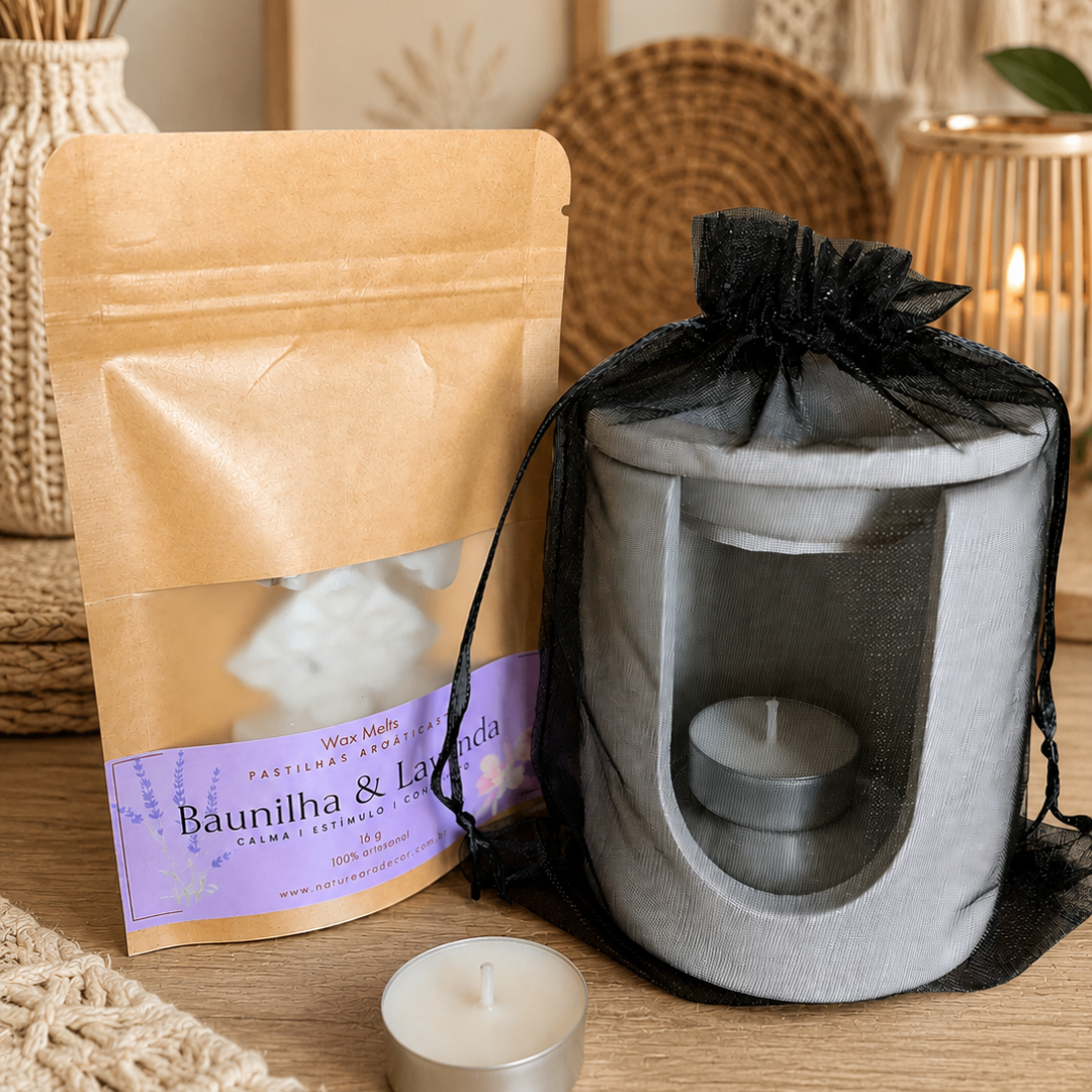 Kit Presente Aromático Completo | Rechaud + 2 Velas + Wax Melts Nature